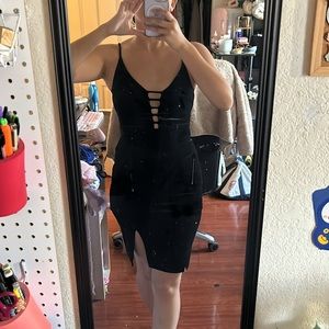 NWT Black velvet ladder cutout chest cutout velvet dress with slit